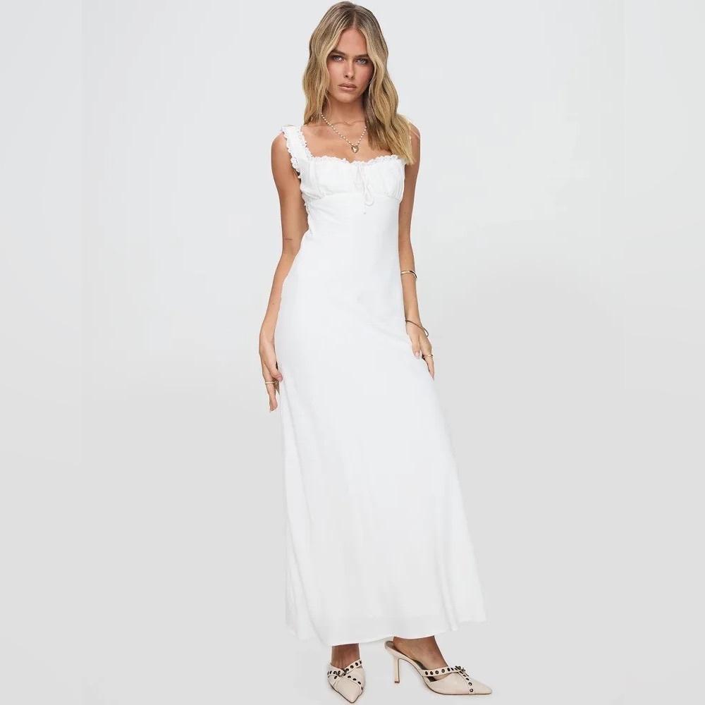 White Ruffle-Trim Maxi Dress - Cottagecore Inspired